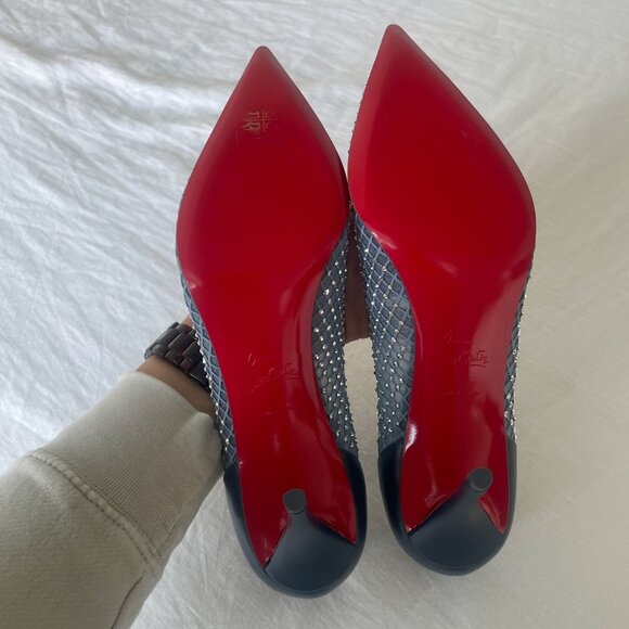 SOLD NEW Christian Louboutin Apostropha 80 mm Pumps, Navy Blue Mesh Strass - Picture 7 of 8